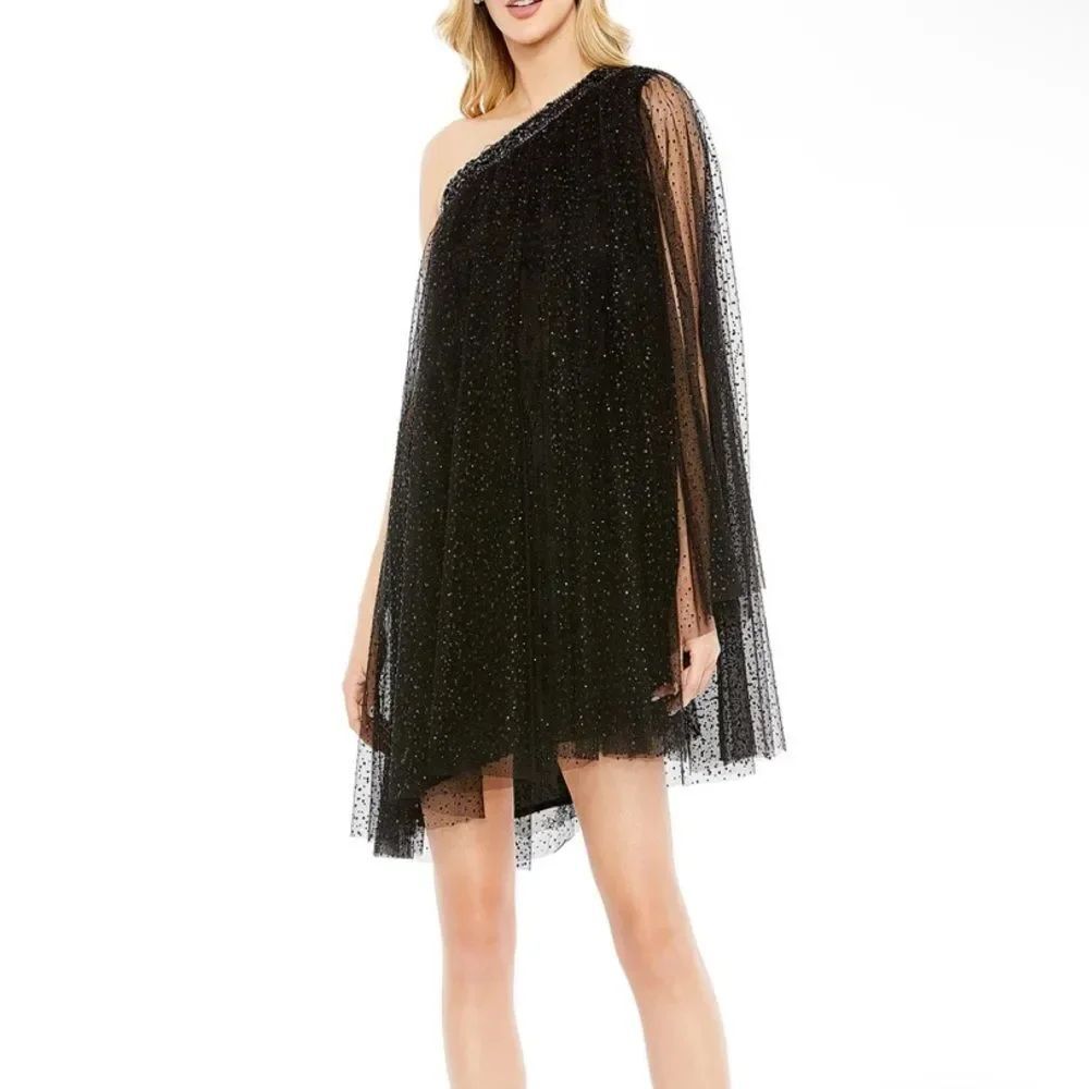 NWT MAC DUGGAL Black One Shoulder Embellished Tulle Mini Dress - Size 4